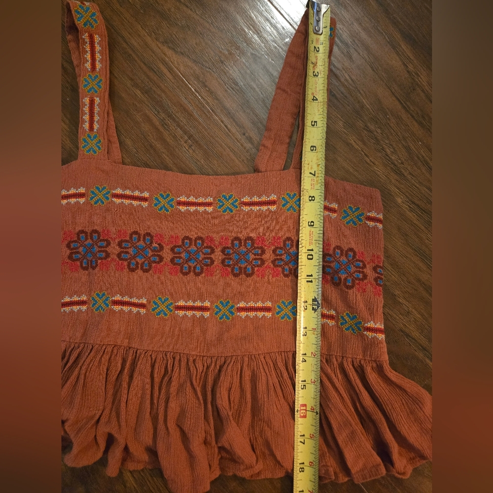 American Eagle Orange Small Cropped Embroidered Peplum Boho Tank Top - Picture 8 of 9